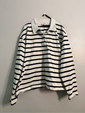 Cos Rugby Style Polo Long Sleeve Shirt White Black Striped